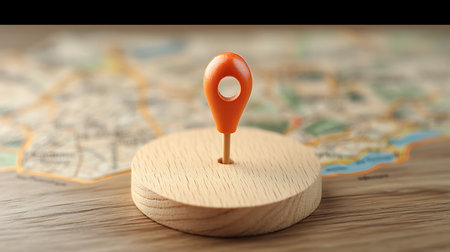 Map pointer with location mark on wooden background. 3d illustration.の写真素材