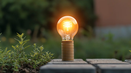 Incandescent light bulb on stack of coins with nature background.