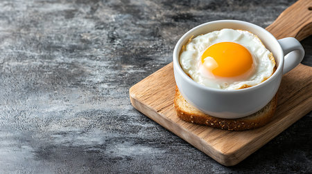 Fried egg in a white cup on a wooden cutting board.の写真素材