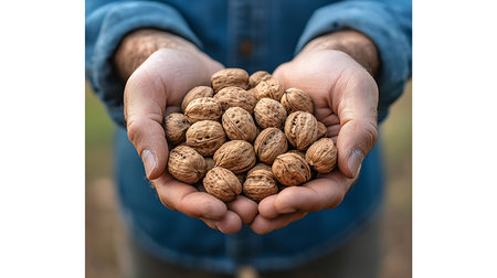 Hands of a man holding a handful of walnutsの写真素材
