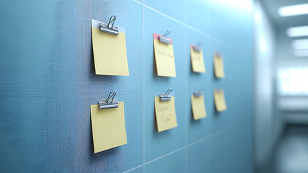 3d illustration of yellow sticky notes hanging on a wall in office