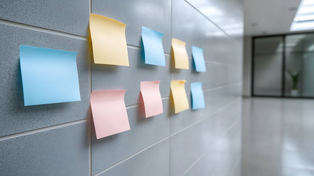 Sticky notes on the wall in a modern office. 3d renderingの写真素材
