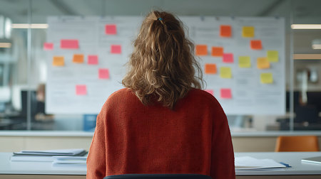 Rear view of businesswoman sitting at desk in office and looking at sticky notes