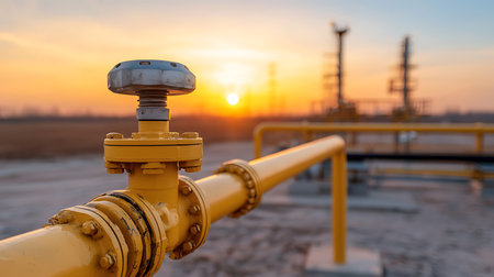 Oil and gas pipelines and valves at sunset. Oil and gas industry.の写真素材