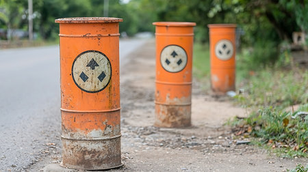 Old orange barrels with recycling symbol on the road. Selective focus.の写真素材