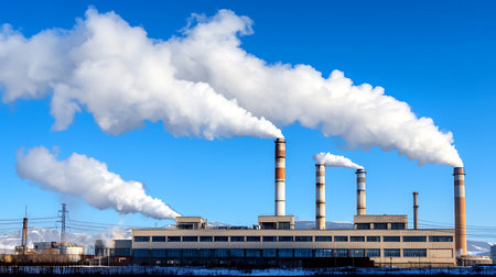 Industrial landscape with smoking chimneys and blue sky with white cloudsの写真素材