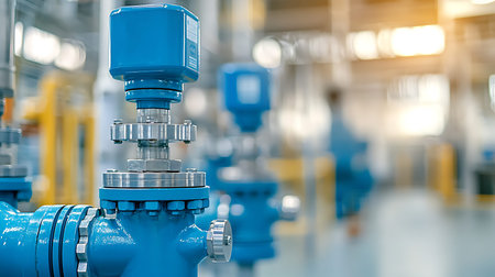 Industrial pipelines and valves in a factory. Industrial background with copy space.