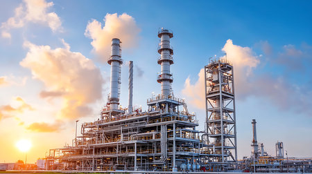 Oil refinery plant at sunset, petrochemical industry and environmental concept