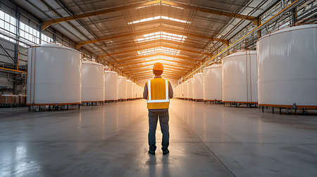 Industrial worker in a large warehouse. He is standing in front of the storage tanks.
