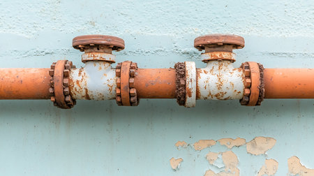Pipes and valves on the blue wall, closeup of photoの写真素材