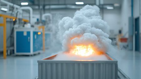3d rendering of a factory with a huge cloud of smoke.