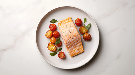Grilled salmon fillet with tomatoes and basil on white marble background