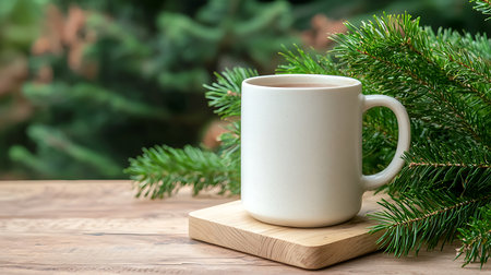 Cup of coffee and fir tree branch on wooden table in gardenの写真素材