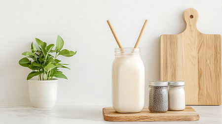 Mockup of a glass jar of milk with wooden chopsticks on a wooden board.の写真素材