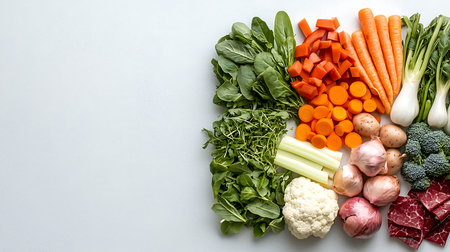 Vegetables and ingredients on white background. Top view with copy space