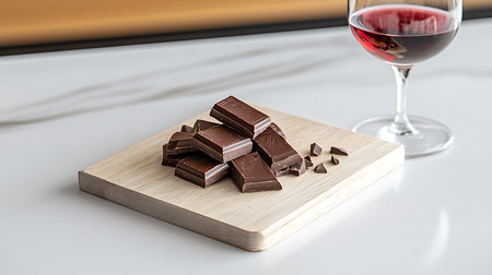 Pieces of chocolate and a glass of red wine on a wooden board