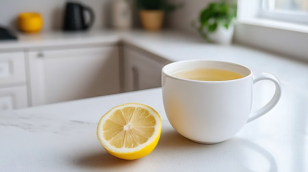 Cup of tea with lemon on the table in the kitchen.の写真素材