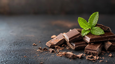 Pieces of dark chocolate with mint leaves on a black background.の写真素材