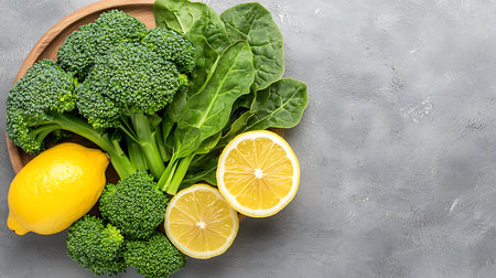 Fresh green broccoli, spinach, lemon on gray background. Top view, copy spaceの写真素材