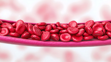 Red blood cells on white background, 3D illustration of red blood cellsの写真素材