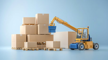 Forklift and cardboard boxes on blue background. 3d rendering