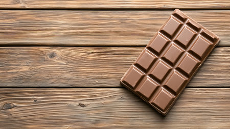 Chocolate bar on brown wooden table. Top view with copy spaceの写真素材