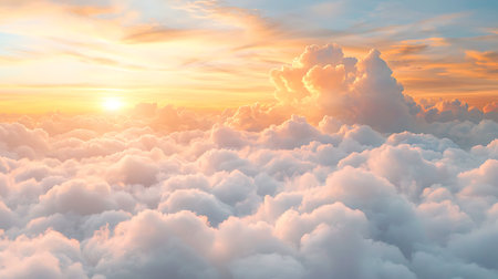 Beautiful aerial view above clouds at sunset. Panoramic view