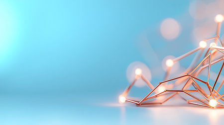 Abstract 3d rendering of chaotic polygonal wireframe with glowing lights.