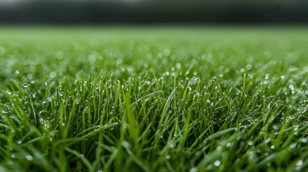 Close-up of fresh green grass with dew drops on it