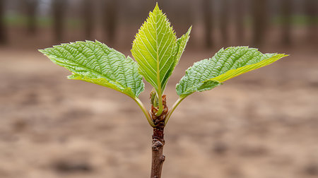 Young sprout of a maple tree on a background of the spring forestの写真素材