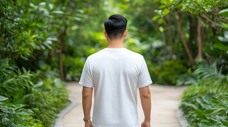 Young man in white t-shirt standing in the park, back viewの写真素材