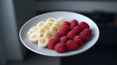 Banana and raspberries on a white plate. Selective focus.の写真素材