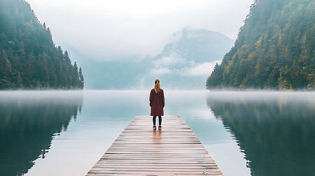 Young woman standing on a wooden pier over a lake in the fogの写真素材