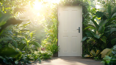 White door in the garden. 3d rendering and sunlight background.の写真素材
