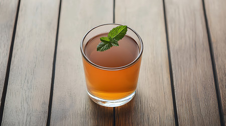 Glass of fresh mint tea on wooden table, closeup. Space for textの写真素材