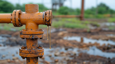 Oil pipes and valves in the field, closeup of photo.