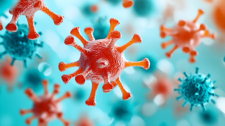3D illustration of a coronavirus or COVID-19 virus floating in front of a blue backgroundの写真素材