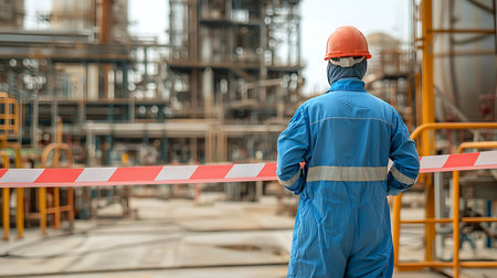 Rear view of male worker wearing safety suit and safety helmet standing at oil refinery plant.
