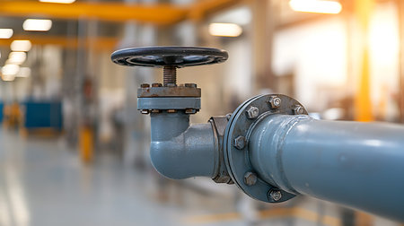 Industrial pipelines and valves in a factory, shallow depth of field
