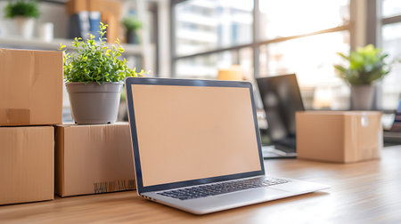 Mockup image of laptop with blank screen on wooden table in officeの写真素材