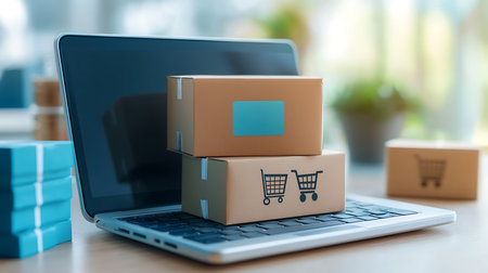 Online shopping and e-commerce concept. Cardboard boxes with shopping cart on laptop keyboard.の写真素材