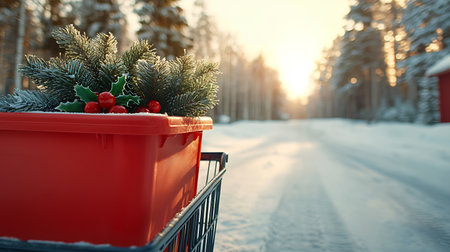 Shopping cart with Christmas decorations on the background of the winter forestの写真素材