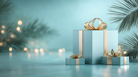 Gift boxes with gold ribbon on blue background. 3D renderingの写真素材