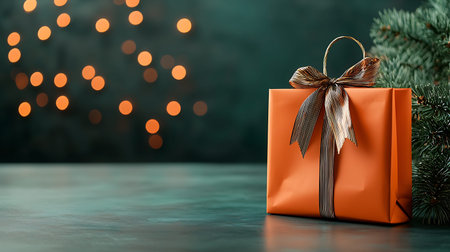 Orange gift box with a golden bow on a dark background with bokeh