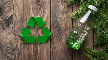Recycling concept. Green plastic bottle with recycling symbol and spruce branches on wooden backgroundの写真素材