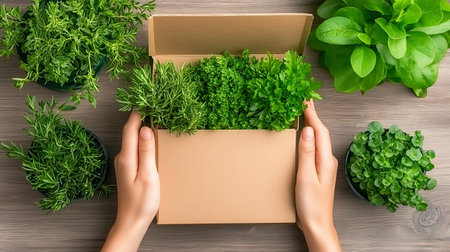 cropped shot of woman holding box with fresh herbs on wooden backgroundの写真素材