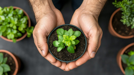 Cropped shot of a man holding a seedling in a pot