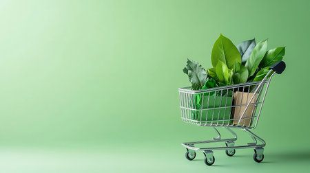 Green leaves in shopping cart on green background. 3d illustration.の写真素材