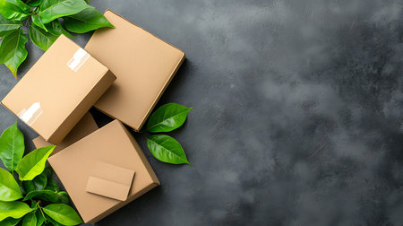 Cardboard boxes with green leaves on dark background. Top view with copy space
