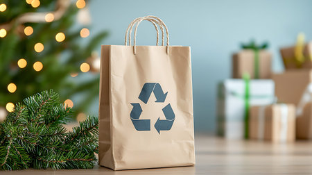 Paper bag with recycling symbol and christmas tree on background. 3d rendering
